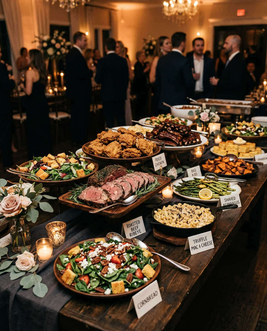 Elegant catered buffet spread with gourmet soul food