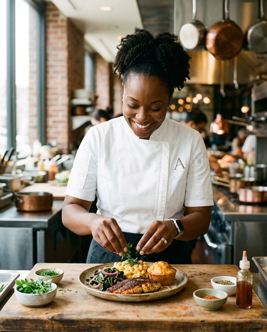 Chef Psauntia Andrews plating a gourmet dish in her kitchen