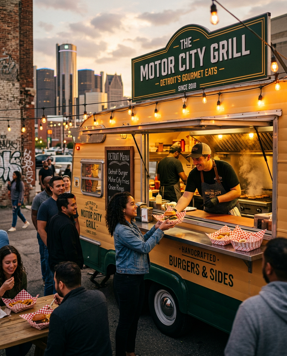 Bops Bistro Detroit food trailer at golden hour