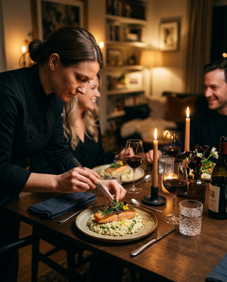 Personal chef plating salmon at an intimate home dinner